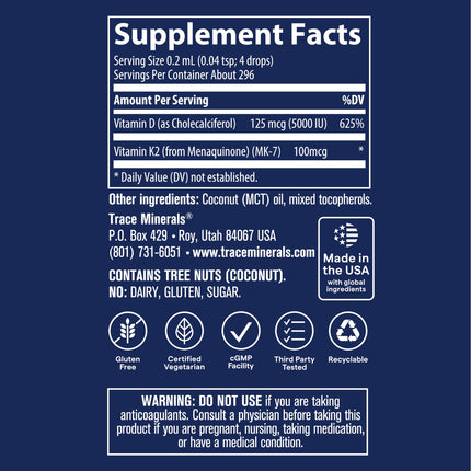 Trace Minerals Ionic D3+K2 Liquid Multivitamin - Bone & Heart Health, Calcium Support - 2 fl oz