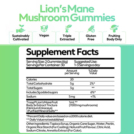 Troop Mushroom Lion's Mane Gummies for Focus & Mood | Vegan Peach Mango, 60 Count