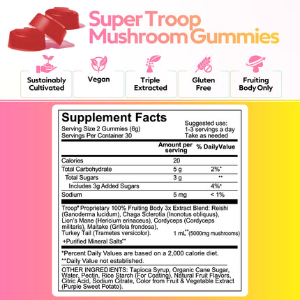 Troop Super 6 Mushroom Gummies – Immune Support, Energy & Mood (60 Count) – Vegan
