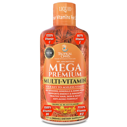 Tropical Oasis Mega Premium Liquid Multivitamin – 1333% Vitamin C, 200% Vitamin D3, Zinc | 32 Servings | Sugar Free | Orange