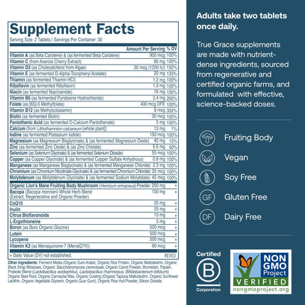 True Grace Daily Men’s Multivitamin 50+ | 60 Easy-to-Swallow Tablets | Immune, Energy, Longevity & Memory Support | Gluten Free, Soy Free, Vegan | 30 Servings
