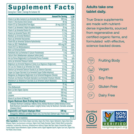 True Grace One Daily Women’s Multivitamin with Fermented Minerals, Organic Adaptogens & Mushroom Blend – 90 Vegan Tablets