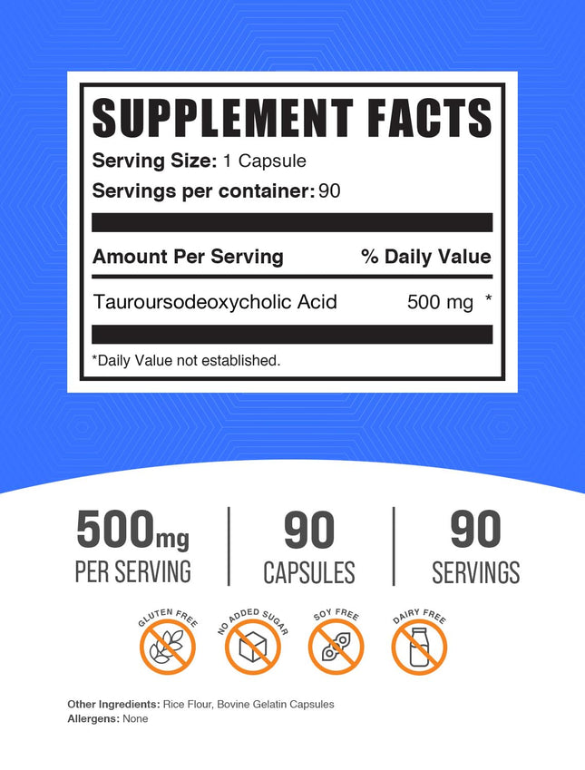 BulkSupplements TUDCA Capsules - Tauroursodeoxycholic Acid 500mg | Gluten Free | 90 Capsules