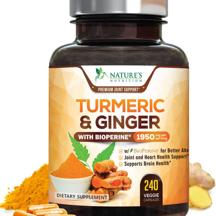 Turmeric Curcumin 1950mg – 95% Curcuminoids, Organic Turmeric & Ginger, BioPerine | 240 Capsules
