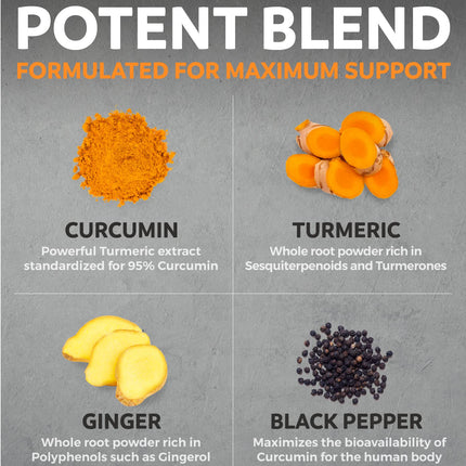 Organic Turmeric Ginger Black Pepper Supplement - High Potency Curcumin, 2 Month Supply