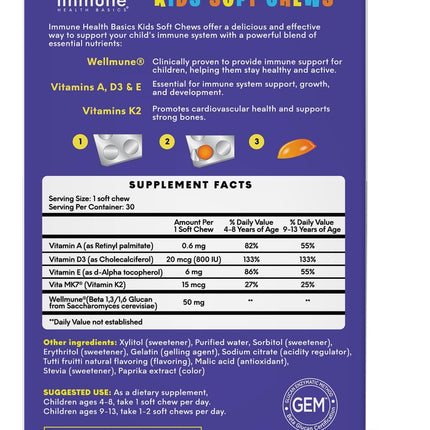 Immune Health Basics Kids Soft Chews with Wellmune® | Natural Beta Glucan Supplement for Immune Support & Daily Wellness | Allergen-Free & No Added Sugar | Tutti-Frutti Flavor, 30 Soft Chews