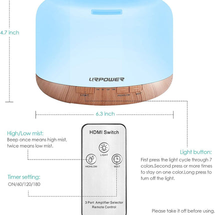 URPOWER 500ml Essential Oil Diffuser - 7-Color LED, 4 Timers, Auto Shut-Off