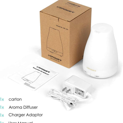 URPOWER 2nd Version Essential Oil Diffuser – 7 Color LED Lights, Auto Shut-Off, White