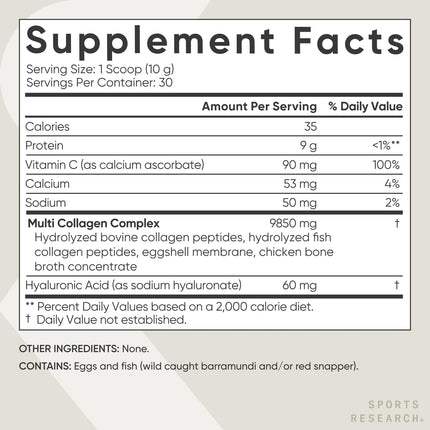 Sports Research® Multi Collagen Protein Powder – Food-Sourced Peptides (I, II, III, V, X) with Hyaluronic Acid & Vitamin C – Gluten Free, Non-GMO, 30 Servings (Unflavored)
