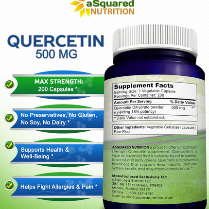 aSquared Nutrition Quercetin 500mg Supplement - 200 Capsules | Max Strength Quercetin Dihydrate for Immune & Cardiovascular Support