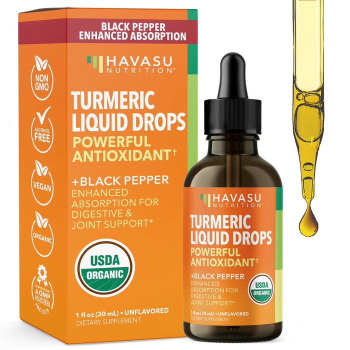 USDA Organic Turmeric Liquid Drops with Black Pepper – 1000mg Curcumin, 1oz