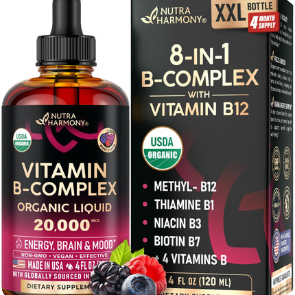 USDA Organic Vitamin B-Complex B5 Pantothenic Acid | B12 Methylcobalamin | B1 Thiamine | B6 Pyridoxine | B7 Biotin | B9 Folic | B3 Niacinamide - B Complex Liquid Drops, Made in USA Supplement, 4fl oz