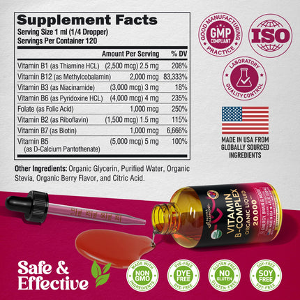 USDA Organic Vitamin B-Complex B5 Pantothenic Acid | B12 Methylcobalamin | B1 Thiamine | B6 Pyridoxine | B7 Biotin | B9 Folic | B3 Niacinamide - B Complex Liquid Drops, Made in USA Supplement, 4fl oz