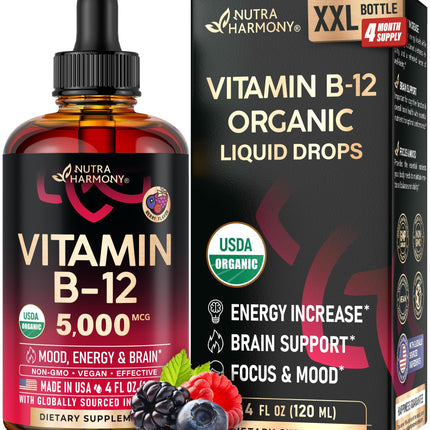 USDA Organic Vitamin B12 Sublingual Drops – 5000 mcg, 4 oz, 4 Month Supply