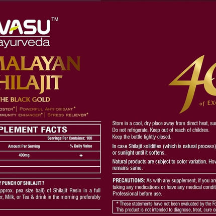 VASU Ayurveda Himalayan Shilajit Resin 400mg – Lab Tested Energy Booster (2-Pack)