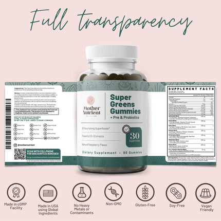 Mother Nutrient Super Greens Gummies – Women & Adults, 30 Superfoods, 90 Gummies