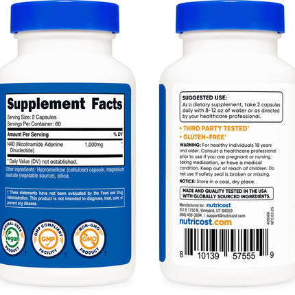 Nutricost NAD+ Supplement 1,000mg per Serving - 60 Servings, Vegan & Gluten-Free