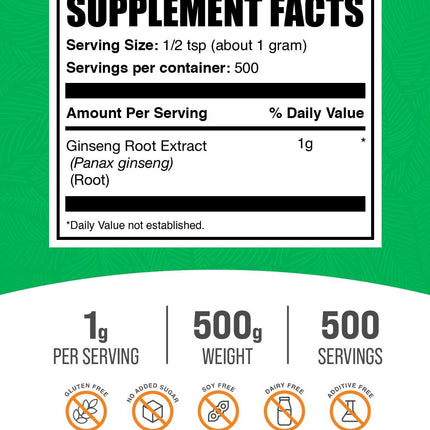 BulkSupplements Ginseng Root Extract Powder – Panax Ginseng Supplement, Vegan & Gluten Free, 1 g/serving, 500 g
