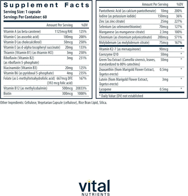 Vital Nutrients Once Daily Multivitamin – Vegan & Allergen-Free, 60 Capsules | 19 Essential Vitamins