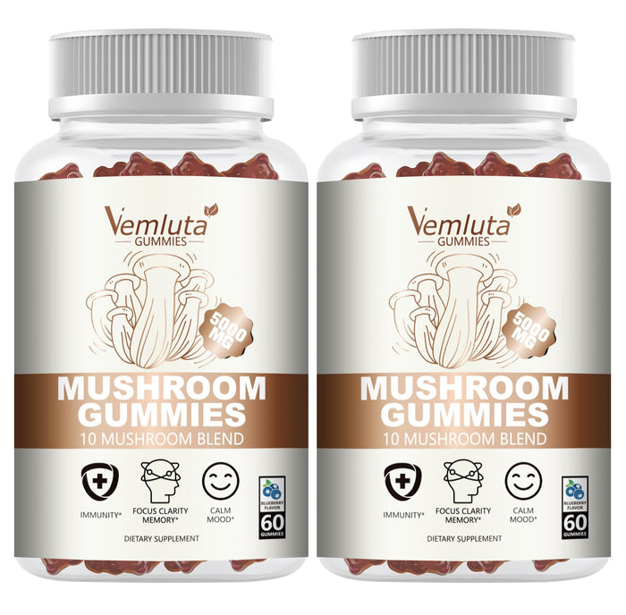 Vemluta 2 Packs 5000MG Mushroom Gummies – 10-Mushroom Blend with Lion's Mane & Reishi for Brain & Immune Support, Blueberry Flavor, Non-GMO, 120 Counts