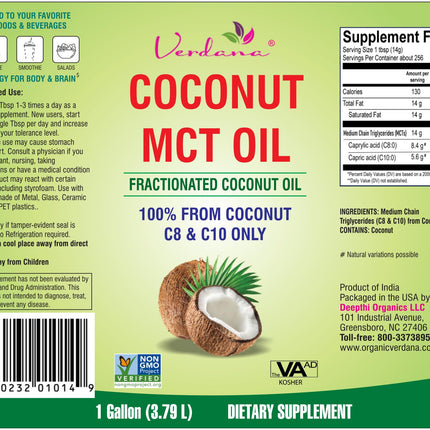 Verdana MCT Oil – 100% Coconut-Derived, 1 Gal | Kosher, Vegan, Non-GMO