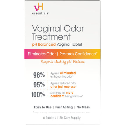 vH essentials Vaginal Odor Treatment – pH Balanced Suppositories with Applicator (6 Tablets)