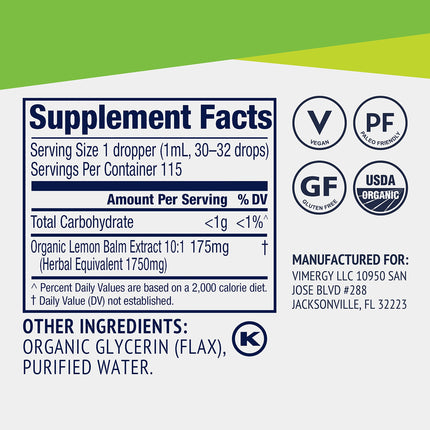 Vimergy Lemon Balm Tincture – USDA Organic, Alcohol-Free, 115 mL | Tea-Ready
