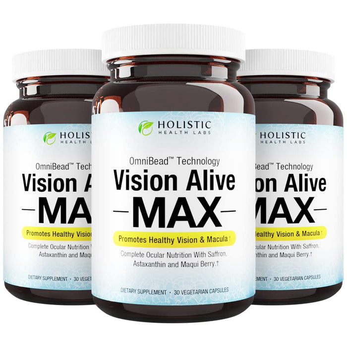 Holistic Health Labs Vision Alive Max – 8 Natural Eye Health Ingredients (Lutemax 2020, Bilberries, Blueberries, C3G from Black Currant, Maqui Berry, Saffron, Astaxanthin) – Pack of 3
