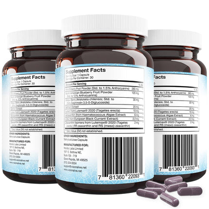 Holistic Health Labs Vision Alive Max – 8 Natural Eye Health Ingredients (Lutemax 2020, Bilberries, Blueberries, C3G from Black Currant, Maqui Berry, Saffron, Astaxanthin) – Pack of 3