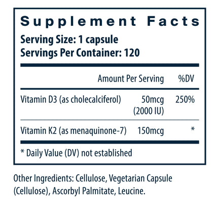 Vital Nutrients Vitamin D3 + K2 2000 IU — Bone & Muscle Support | 120 Capsules