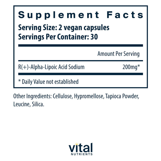 Vital Nutrients R-Lipoic Acid | Active Alpha-Lipoic Acid Antioxidant | ALA Supplement for Healthy Metabolism and Energy | Gluten, Dairy, Soy Free | Non-GMO | 60 Capsules