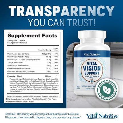 Vital Vision Support – Eye Health Supplement by Vital Nutritive with Vitamin A, Lutein & Antioxidants – 30-Day Serving