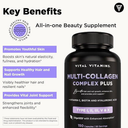 Vital Vitamins Multi Collagen Plus (2-Pack) – Biotin, Hyaluronic Acid & Vitamin C for Hair, Skin, Nails | Type I–X Collagen (Women & Men)