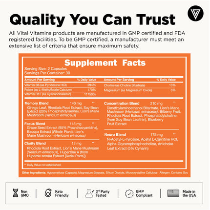 Vital Vitamins Nootropic Brain Supplement Plus – Memory & Focus (Lion's Mane) 60 Caps