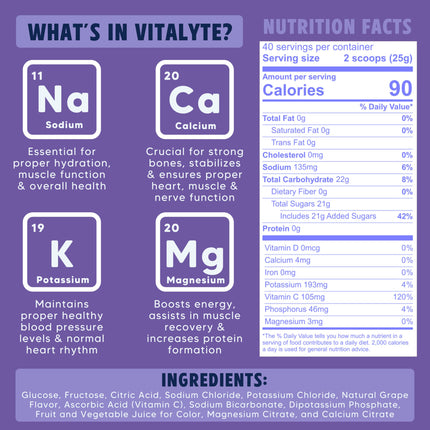 Vitalyte Electrolyte Powder Drink Mix — Isotonic Hydration, 6-Pack Grape