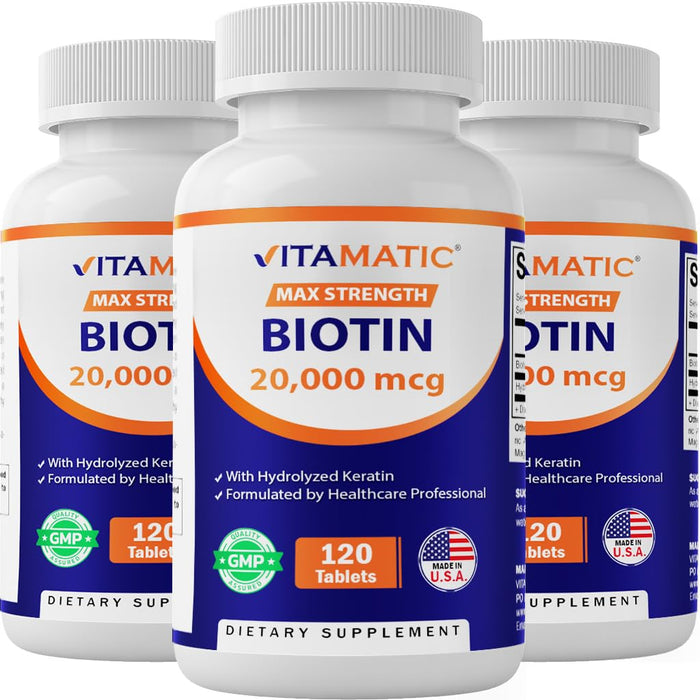 Vitamatic Biotin 20000 mcg with Keratin – 120 Vegetarian Tablets (Pack of 3)