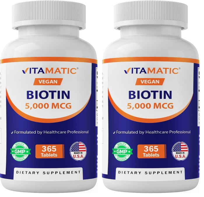 Vitamatic Biotin 5000mcg (5 mg) - 365 Vegan Tablets (Pack of 2) | Hair, Skin & Nails | Vitamin B7