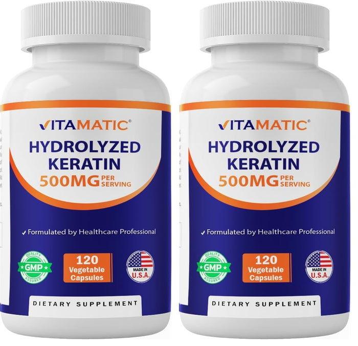 Vitamatic Hydrolyzed Keratin 500mg – 240 Vegetarian Capsules (Pack of 2) | Hair Skin Nails Support