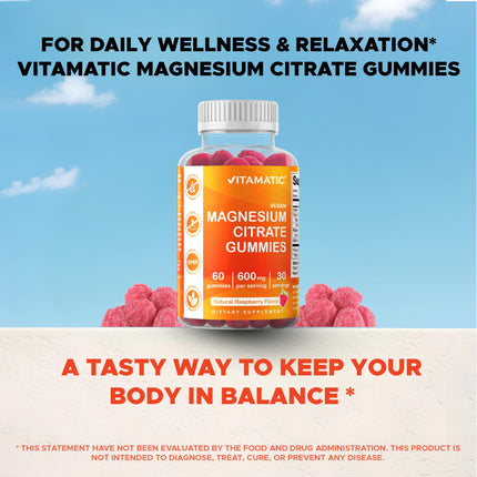 Vitamatic Magnesium Gummies 600mg per Serving – 60 Vegan Gummies – Relaxation, Muscle, Bone & Energy Support – 3 Pack