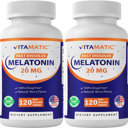 Vitamatic Melatonin 20 mg Fast Dissolve – 240 Tablets | Natural Berry Flavor (2-Pack)