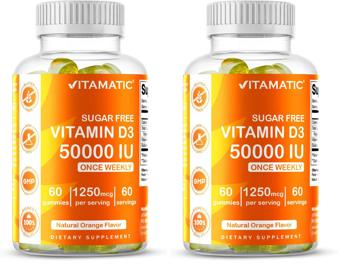 Vitamatic Sugar Free Vitamin D3 50,000 IU Weekly Gummies – 60 Pectin-Based High-Potency D3 for Bone, Teeth & Immune Support (Pack of 2)
