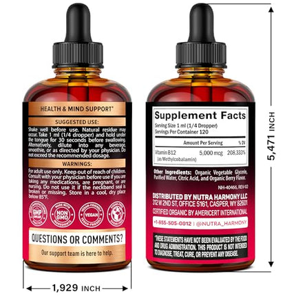 USDA Organic Vitamin B12 Sublingual Drops – 5000 mcg, 4 oz, 4 Month Supply