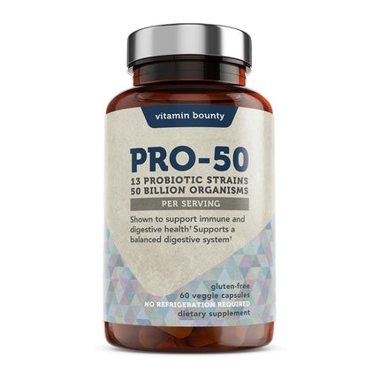 Vitamin Bounty Pro-50 Probiotics – 50B CFU, 13 Strains, Prebiotic (Digestive & Immune Support) – Women & Men