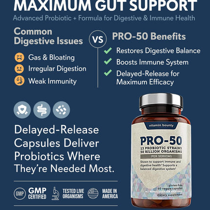 Vitamin Bounty Pro-50 Probiotics – 50B CFU, 13 Strains, Prebiotic (Digestive & Immune Support) – Women & Men