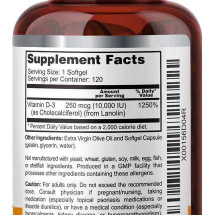 Vitamin D-3 10000 IU 120 Softgels – High-Potency in Extra Virgin Olive Oil (Pack of 2)