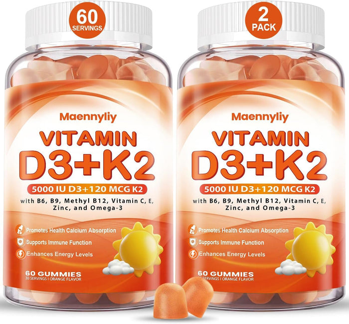 Vitamin D3 K2 Gummies for Adults – 5000IU D3 + 120mcg MK-7 K2 | Sugar-Free, Omega-3 & B Vitamins