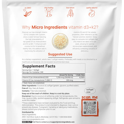 Micro Ingredients Vitamin D3 50,000 IU + K2 MK-7 200 mcg | 240 Softgels | Non-GMO