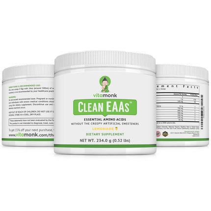 VitaMonk Clean EAA - EAAs with No Artificial Sweeteners for Pre-Workout, Energy and Recovery - Max Bioavailable EAA Powder with 9 Essential Amino Acids - Natural Lemonade Flavor