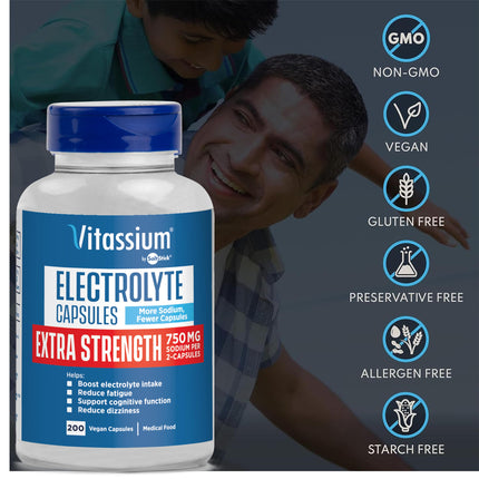 Vitassium Extra Strength Electrolyte Capsules – 750mg Sodium, Unflavored, 200 Capsules (Size 00)