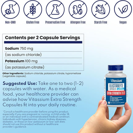 Vitassium Extra Strength Electrolyte Capsules – 750mg Sodium, Unflavored, 200 Capsules (Size 00)